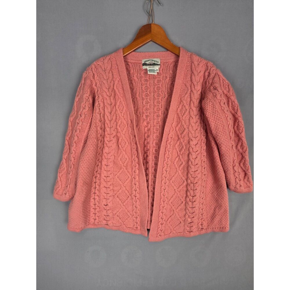 Aran Craft Cableknit Cardigan Sweater Pink Size XL Marino Wool Ireland Cozy Warm